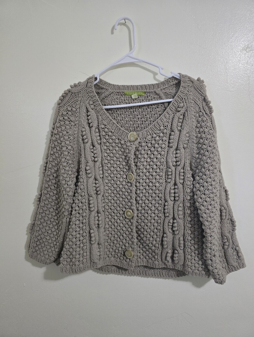 Sigrid Olsen Chunky Tan Cardigan Size XL Cable/Bobble Knit Fisherman